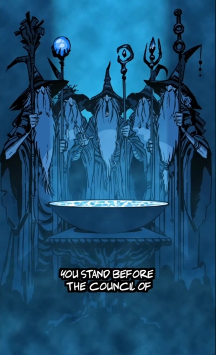 The blue-robed wizard council gathered around a glowing basin